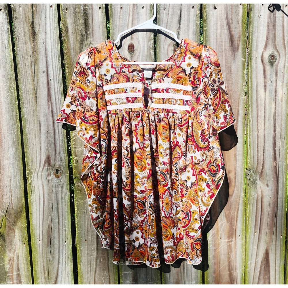 Fun & Flirt Womens Boho Paisley Babydoll Top Orange Red Butterfly Sleeve Large - Picture 3 of 9